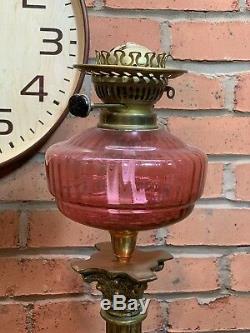 Stunning Cranberry Glass Victorian Corinthian Column Twin Duplex Table Oil Lamp