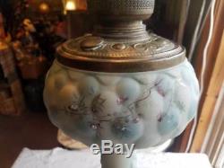 Stunning Lt. Blue Victorian Quilted Satin Glass Hand Paint Oil Lamp Electrified