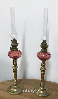 Stunning Pair Of Antique Victorian French Oil Lamps With Cranberry Glass Fonts