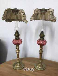 Stunning Pair Of Antique Victorian French Oil Lamps With Cranberry Glass Fonts