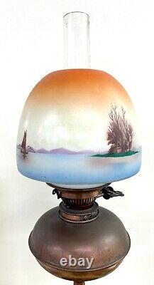 Stunning Victorian Copper Oil Lamp & Painted Shade, Complete & PERFECT condition