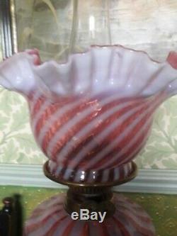 Stunning Victorian Cranberry And Vaseline Swirl Oil Lamp With Matching Shade
