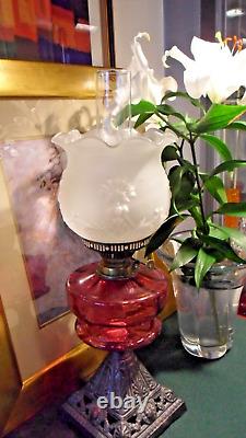 Stunning Victorian Cranberry Glass Oil Lamp 23 Inches Tall