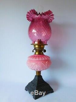 Stunning Victorian Duplex Oil Lamp Cranberry Shade With Frilled Top