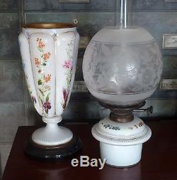Stunning Victorian Duplex Opaline Glass Oil Lamp & Etched Glass Shade