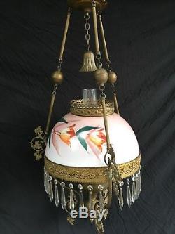 Stunning Victorian Hanging Oil Library Lamp Crystal Prisms