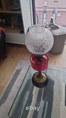 Stunning Victorian Oil Lamp with Cranberry Glass, Brass Column on Wood Base