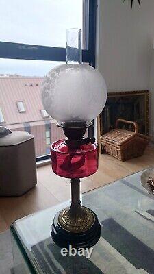 Stunning Victorian Oil Lamp with Cranberry Glass, Brass Column on Wood Base