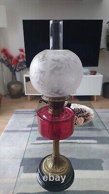 Stunning Victorian Oil Lamp with Cranberry Glass, Brass Column on Wood Base