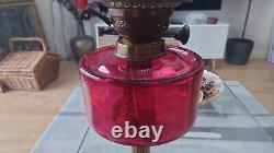 Stunning Victorian Oil Lamp with Cranberry Glass, Brass Column on Wood Base