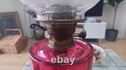 Stunning Victorian Oil Lamp with Cranberry Glass, Brass Column on Wood Base