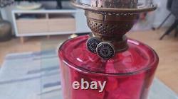 Stunning Victorian Oil Lamp with Cranberry Glass, Brass Column on Wood Base