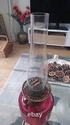 Stunning Victorian Oil Lamp with Cranberry Glass, Brass Column on Wood Base