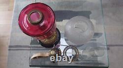 Stunning Victorian Oil Lamp with Cranberry Glass, Brass Column on Wood Base