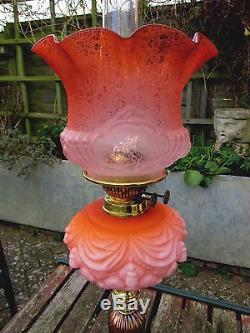 Stunning Victorian Orange Satin Glass Duplex Oil Lamp Complete With Shade