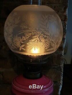 Stunning Victorian Shocking Pink Opaline Glass Oil Lamp +acid etched shade 62 cm