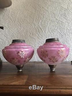 Stunning set /pair Victorian Cranberry 4 duplex oil lamp shade + font/reservoi