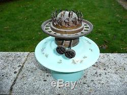 Super Antique Green Glass Victorian Oil Lamp With Duplex Burner & Etched Shade