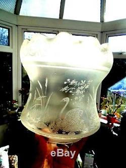 Super Quality Rare Satin Pearl Glass Etch Swan Victorian Oil Lamp Shade