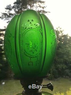 Superb 4 duplex Victorian acid etched emerald green glass oil lamp shade