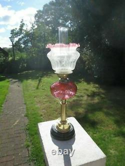 Superb Antique Brass & Cranberry Glass Oil Lamp With Vintage Shade & Chimney