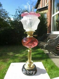 Superb Antique Brass & Cranberry Glass Oil Lamp With Vintage Shade & Chimney
