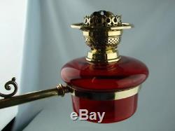 Superb Antique Brass Wall Bracket, Duplex Ruby Glass Oil Lamp, Drop In Font