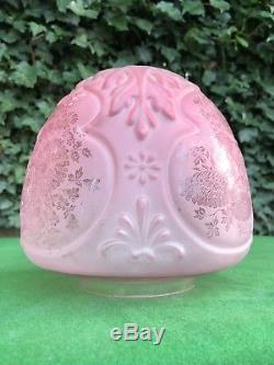 Superb Antique Cranberry Ruby Etched Glass Shade Oil Lamp Beehive Butterflies