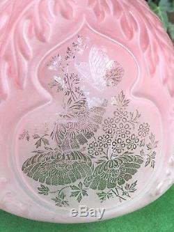 Superb Antique Cranberry Ruby Etched Glass Shade Oil Lamp Beehive Butterflies