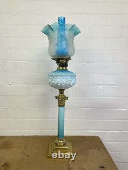 Superb Antique English Victorian Blue Glass Column Parlour Oil Lamp