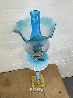 Superb Antique English Victorian Blue Glass Column Parlour Oil Lamp