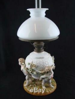 Superb Antique Sitzendorf Style Oil Lamp With Cherubs And Opaline Vesta Shade