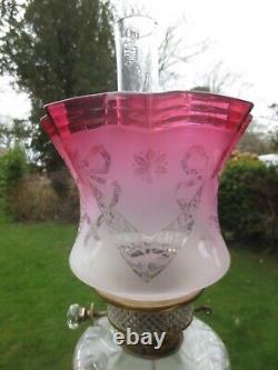 Superb Antique Veritas Victorian Cranberry Acid Etched Duplex Oil Lamp Shade