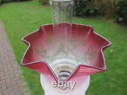 Superb Antique Veritas Victorian Cranberry Acid Etched Duplex Oil Lamp Shade