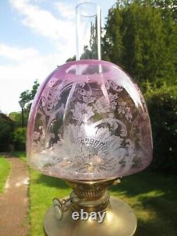 Superb Antique Victorian Cranberry Acid Etched Duplex Beehive Oil Lamp Shade