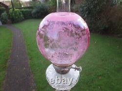 Superb Antique Victorian Cranberry Acid Etched Duplex Oil Lamp Shade