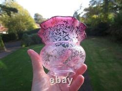 Superb Antique Victorian Cranberry Acid Etched Oil Lamp Shade 2.1 Fitter