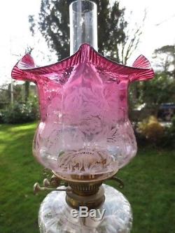 Superb Antique Victorian Cranberry Acid Etched Tulip Duplex Oil Lamp Shade