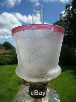 Superb Antique Victorian Cranberry Crystal Etched Tulip Duplex Oil Lamp Shade