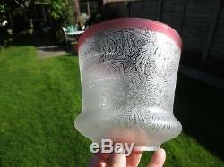 Superb Antique Victorian Cranberry Crystal Etched Tulip Duplex Oil Lamp Shade