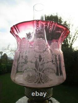 Superb Antique Victorian Cranberry Glass Duplex Tulip Oil Lamp Shade