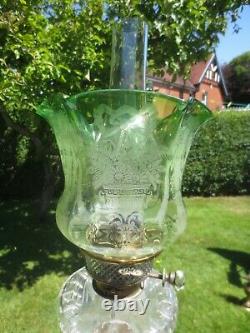 Superb Antique Victorian Green Acid Etched Duplex Tulip Oil Lamp Shade
