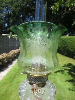 Superb Antique Victorian Green Acid Etched Duplex Tulip Oil Lamp Shade