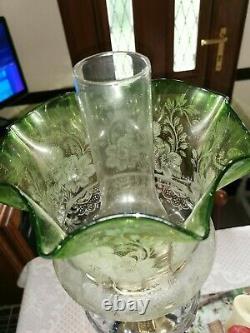 Superb Antique Victorian Green Tinted Acid Etched Duplex Tulip Oil Lamp Shade