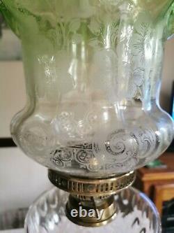 Superb Antique Victorian Green Tinted Acid Etched Duplex Tulip Oil Lamp Shade