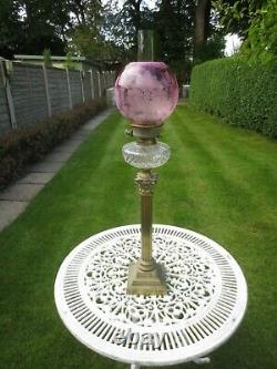 Superb Antique Victorian Veritas Cranberry Acid Etched Duplex Oil Lamp Shade