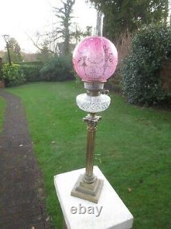 Superb Antique Victorian Veritas Cranberry Acid Etched Duplex Oil Lamp Shade