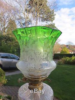 Superb Antique Victorian Veritas Green Acid Etched Tulip Duplex Oil Lamp Shade