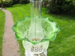 Superb Antique Victorian Veritas Green Acid Etched Tulip Duplex Oil Lamp Shade