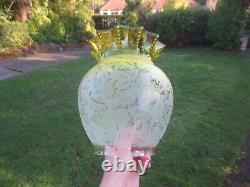 Superb Antique Victorian Veritas Yellow Acid Etched Duplex Oil Lamp Shade